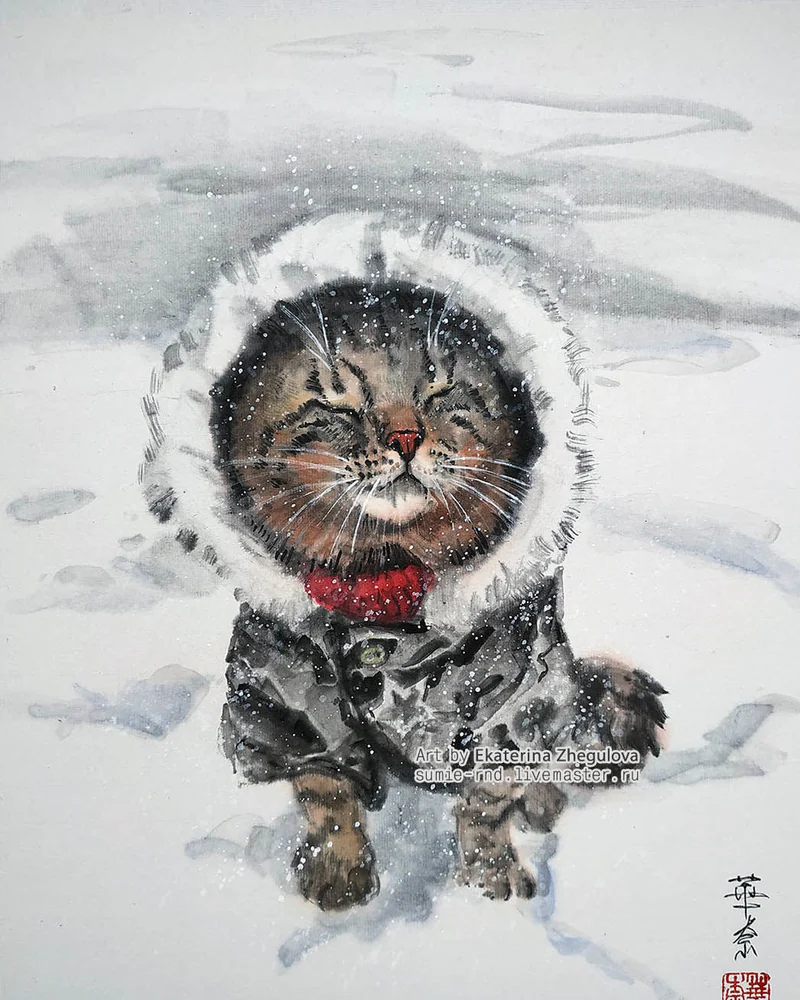 Картина Кошачий спецназ 31x41 кот кошка голубая зима лофт