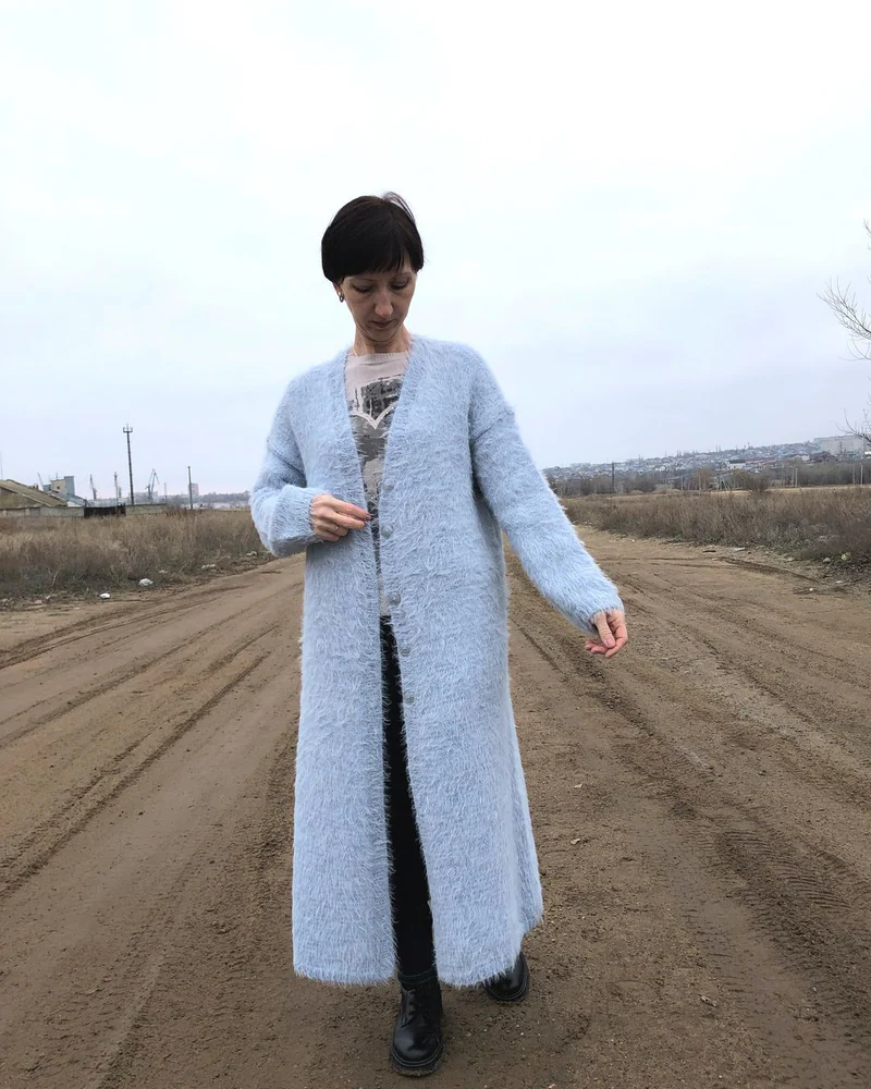 Голубой Женский кардиган длинный — Длинный кардиган