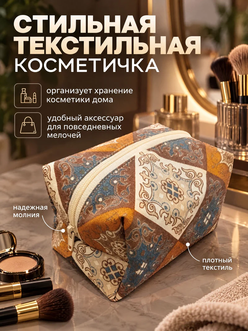 Дорожная косметичка из ткани в бежево-коричневом принте