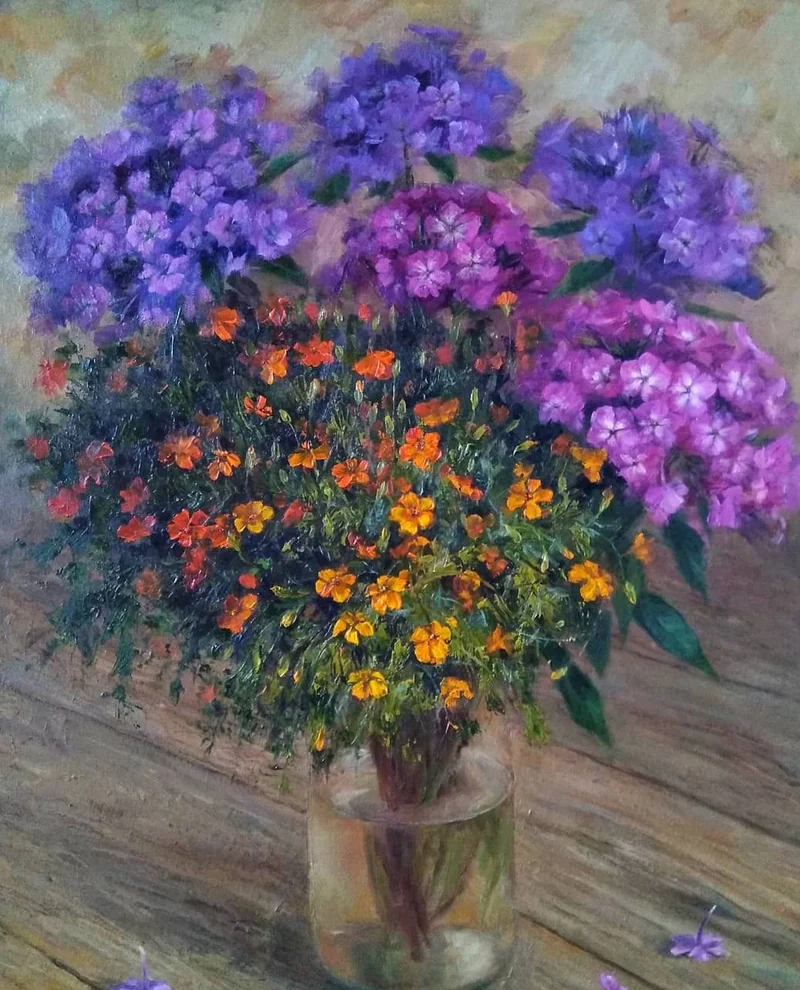 Флоксы и бархатцы. 2019 г. Картина маслом