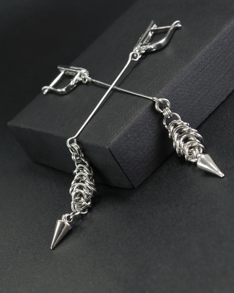Стильные длинные серьги "Steel chains" — серебряные — Основной