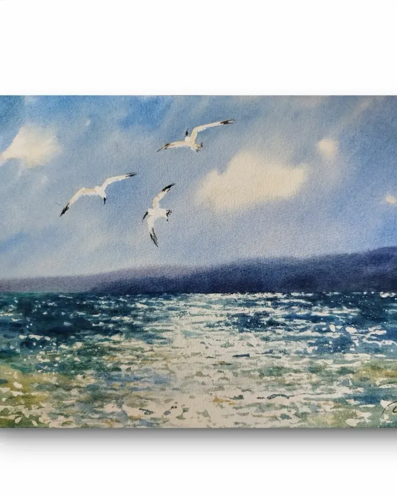 Солнечно. Море, горы и чайки, акварель — 20×30 см