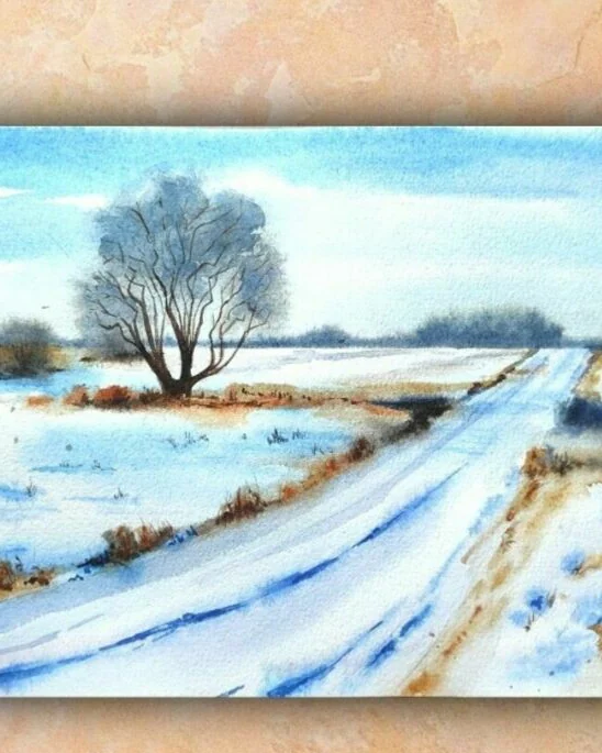 Картина Зимний пейзаж с дорогой акварель 27x19.5 см