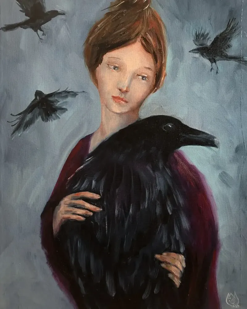 Девушка и ворон. Картина маслом 35×50 см — 35×50 см