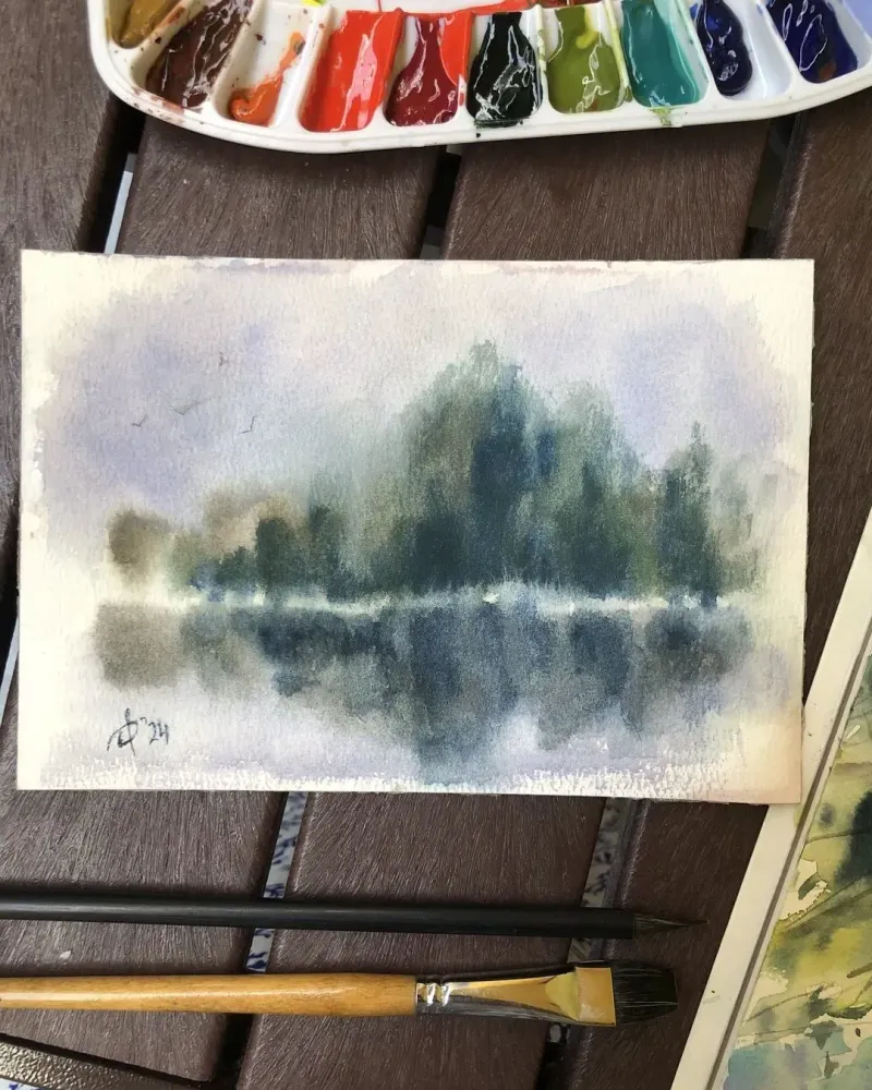 Пейзаж с отражением. Акварель в раме — 13×19 см, в раме