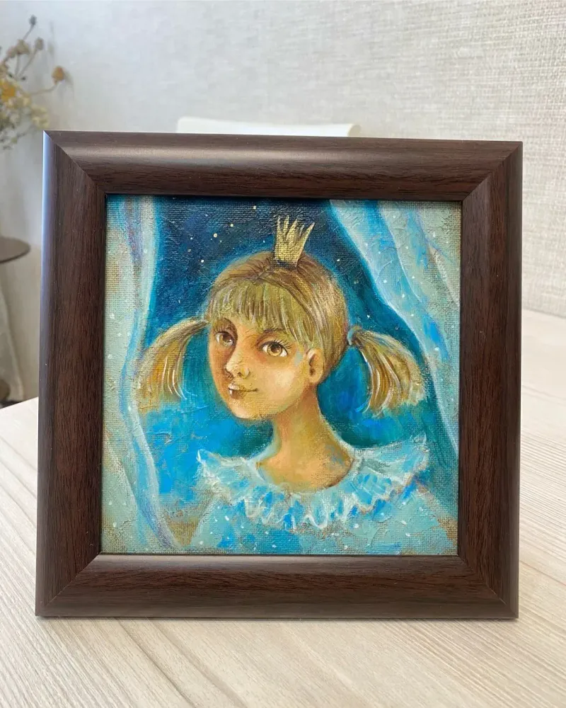 Картина «Принцесса в голубом», акрил, 20×20 см с рамой