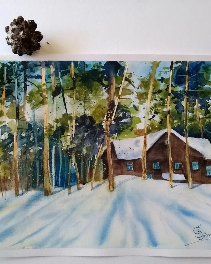 Зима акварелью картина
