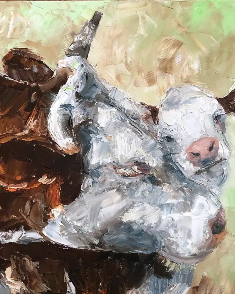 Коровы. Мама и малыш. Картина маслом 40×40 см — 40×40 см