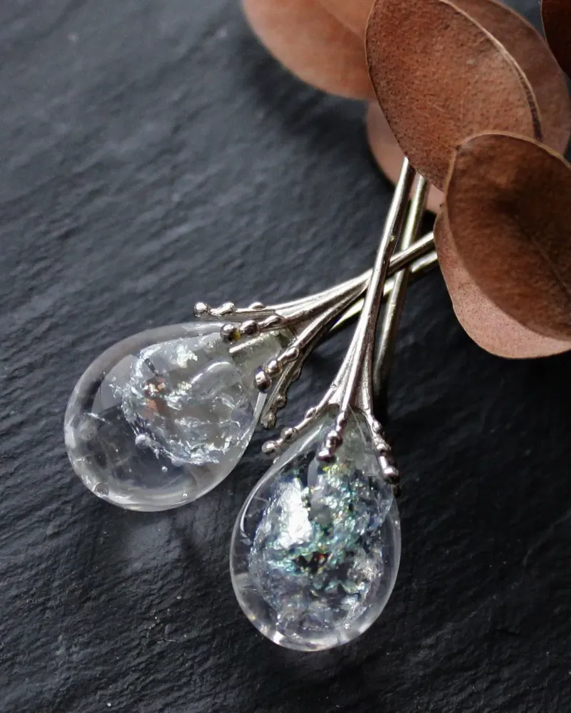 Стеклянные серьги лэмпворк со слюдой — Прозрачные «Ледяные блики»