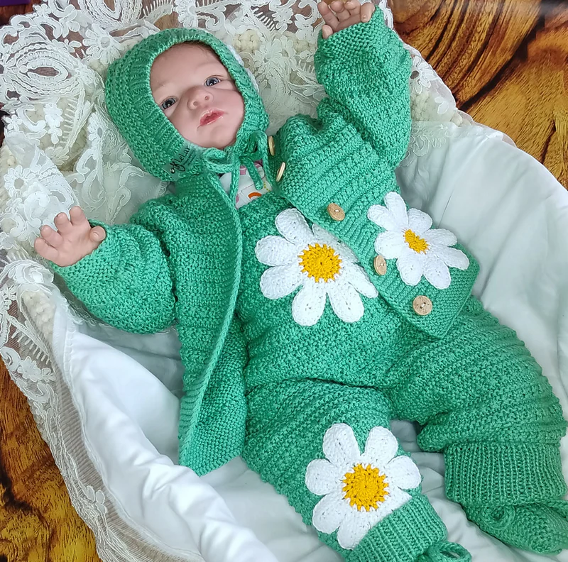 Вязаный комплект одежды из 100% мериноса для младенца, р.62-68, бирюзово-белый