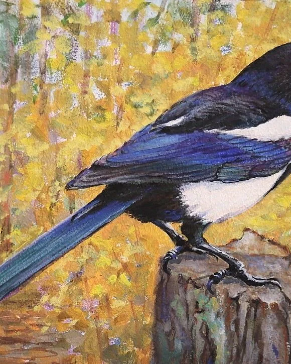 Сорока в лесу. Серия Птицы. Темпера