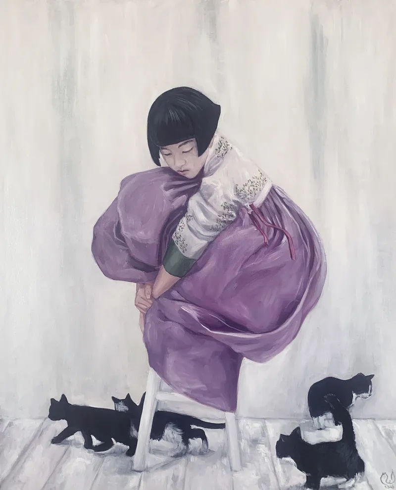 Девочка с котятами. Картина маслом 80×100 см — 80×100 см