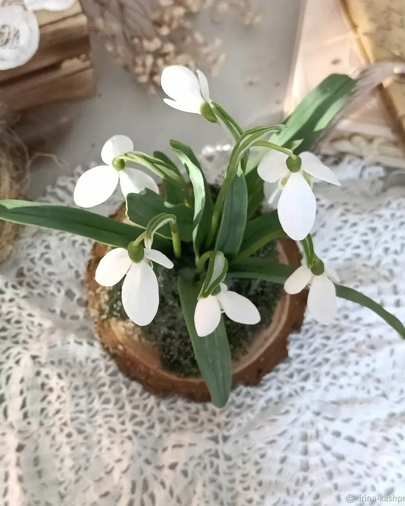 Подснежники из полимерной глины холодный фарфор ручной работы — Подснежники на пне