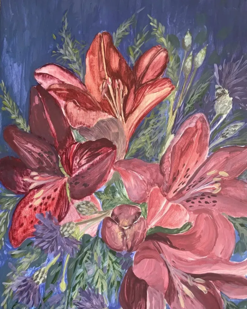 Лилии в синем саду — Гуашь, 21×29 см
