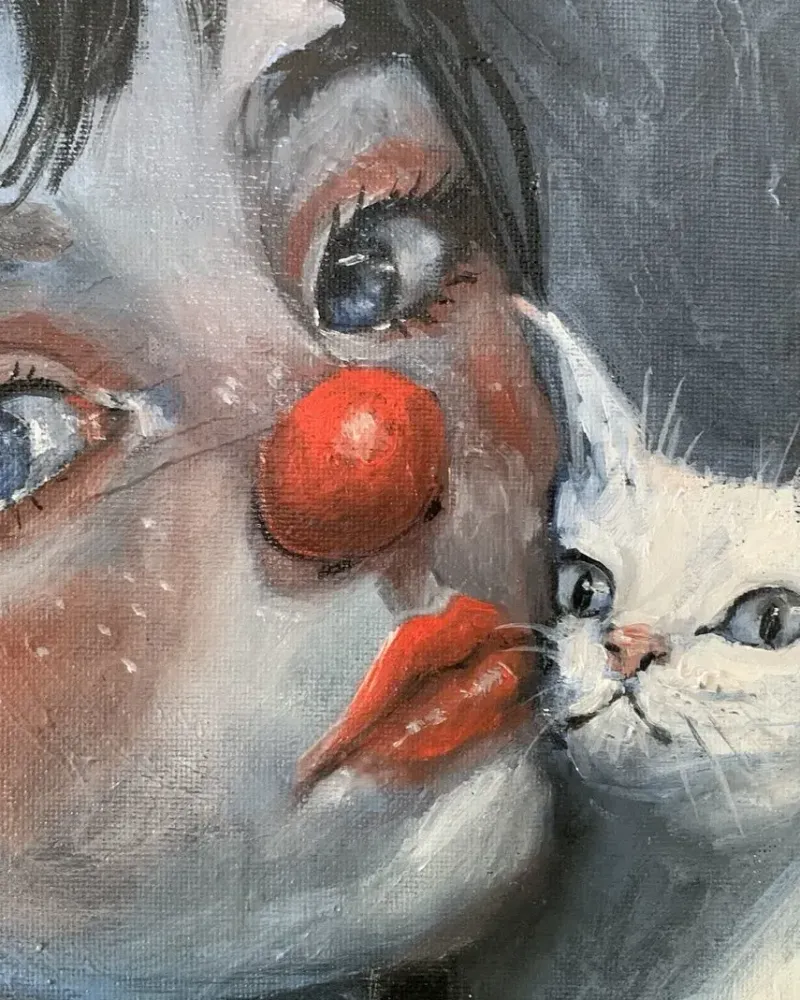 Юная клоунесса с котом. Картина маслом 30×40 см — 30×40 см