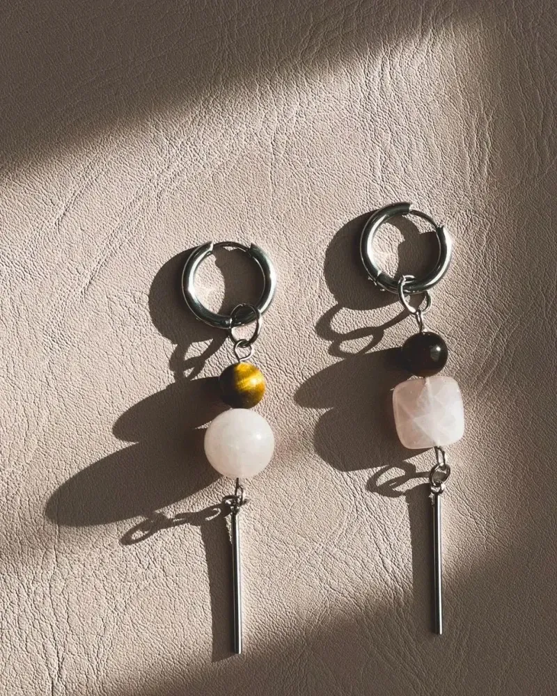 Серьги из тигрового глаза и розового кварца