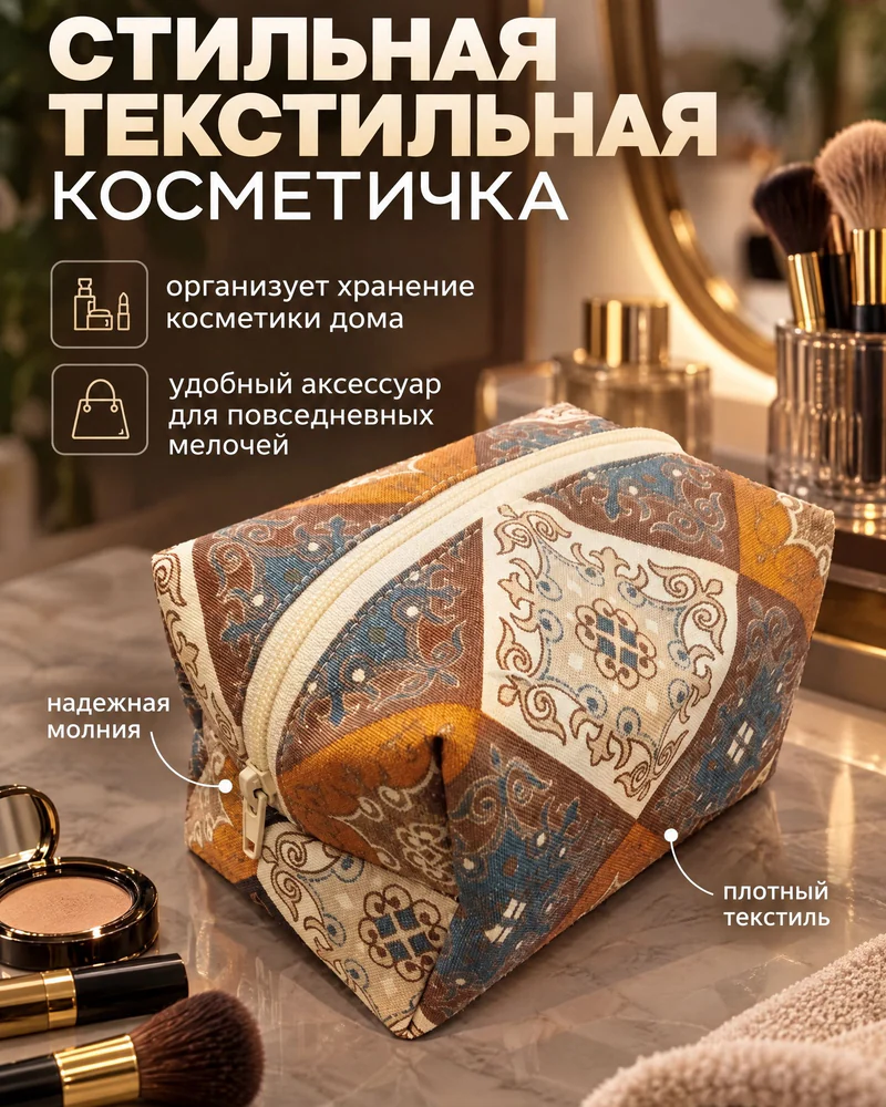 Дорожная косметичка из ткани в бежево-коричневом принте