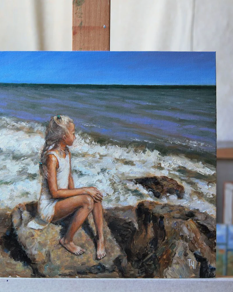 Девочка и море. Масло, холст на оргалите. 30х30 см