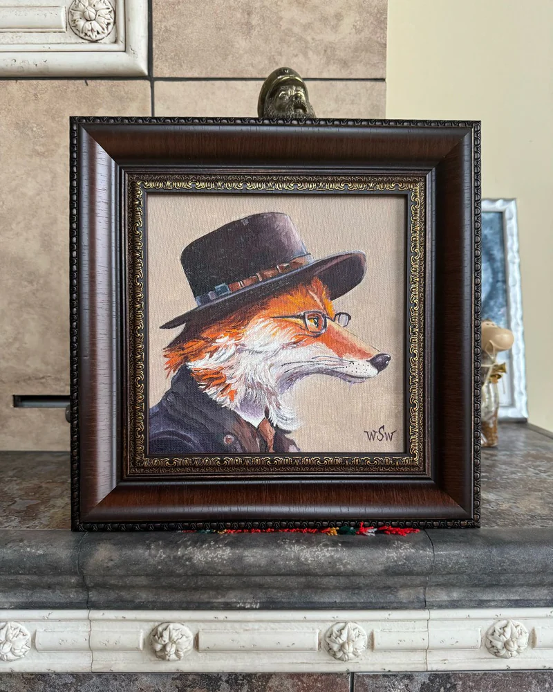 Картина маслом «Лис в шляпе и очках» 20×20 см — Оригинал