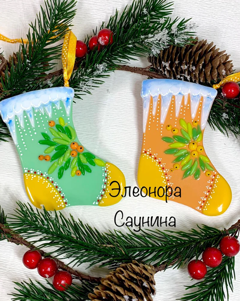 Елочное украшение Новогодний носок Стекло Фьюзинг