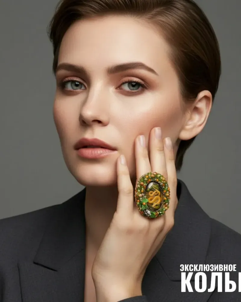 Кольцо из натурального камня с лаковой миниатюрой Дракон