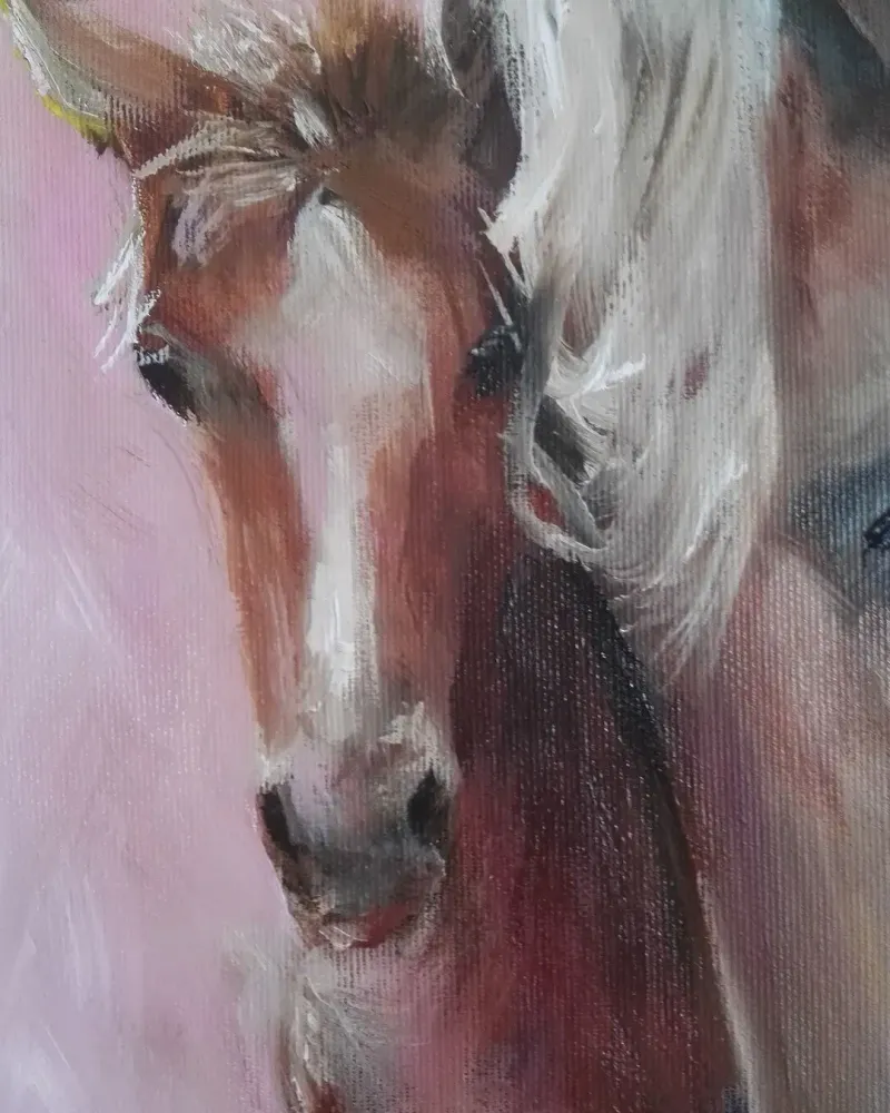 Мама лошадь и жеребенок. Картина маслом 30×60 см — 30×60 см