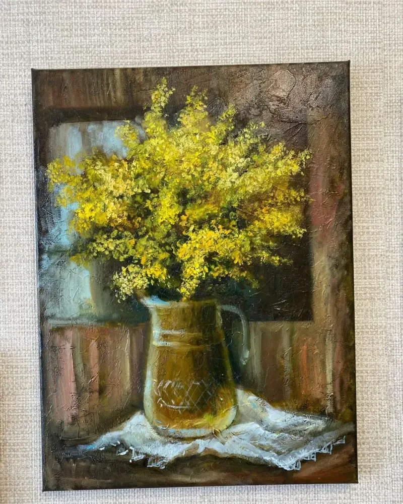 Картина «Жёлтые цветы в стеклянном графине», масло, 30×40 см