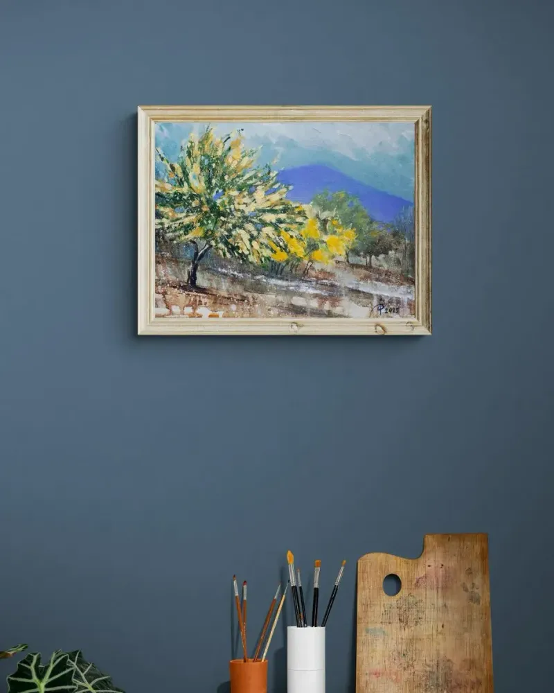 Горный пейзаж с цветущими мимозами. Акрил — 18×24 см