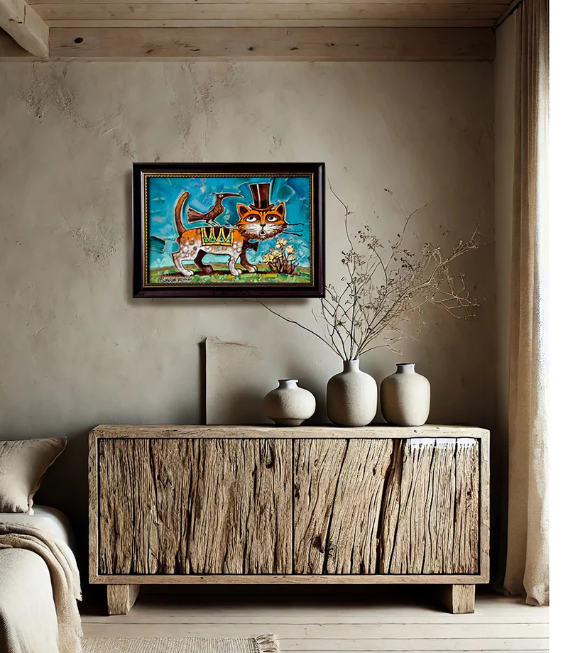 "Кот с птичкой", 30х45 см., картина, живопись.