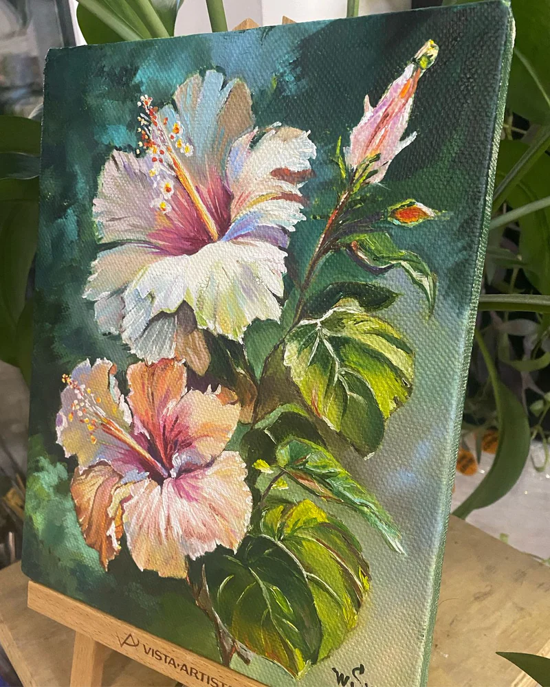 Картина маслом Гибискусы 18×24 см — Оригинал