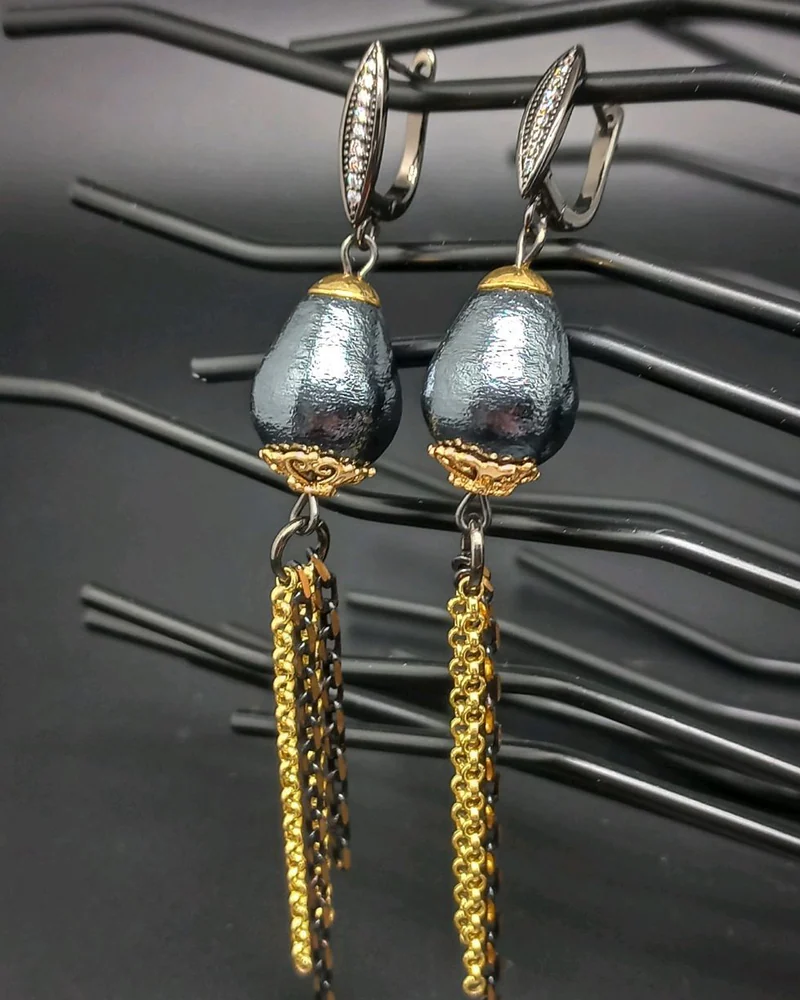 Серьги Black and gold хлопковый жемчуг черный золотой