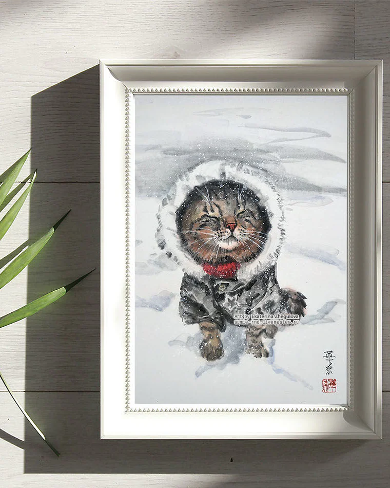 Картина Кошачий спецназ 31x41 кот кошка голубая зима лофт