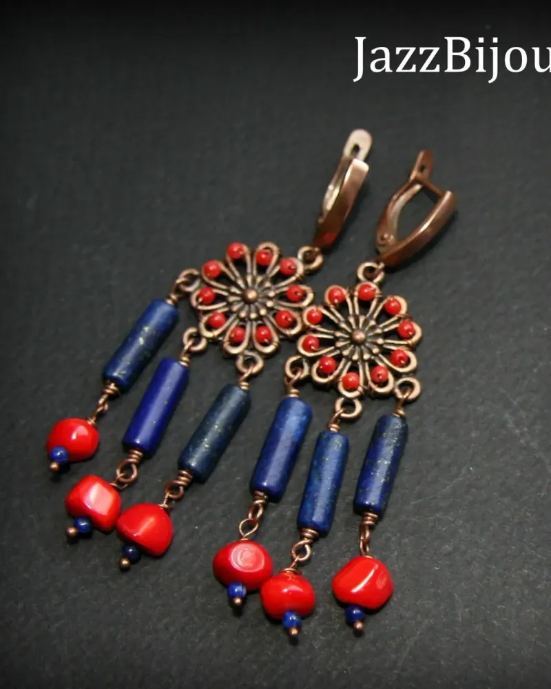 Серьги с лазуритом и кораллом — Лазурит и коралл