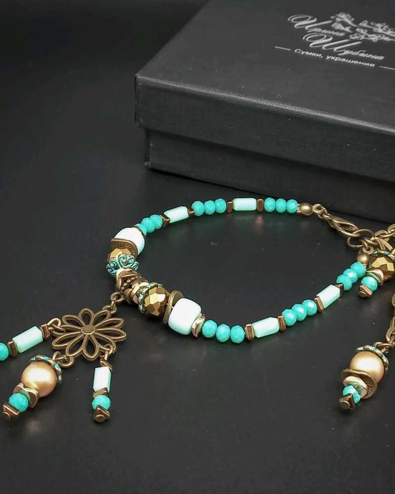 Серьги браслет Антигуа из керамики и стекла бирюзовый 2 комплекта