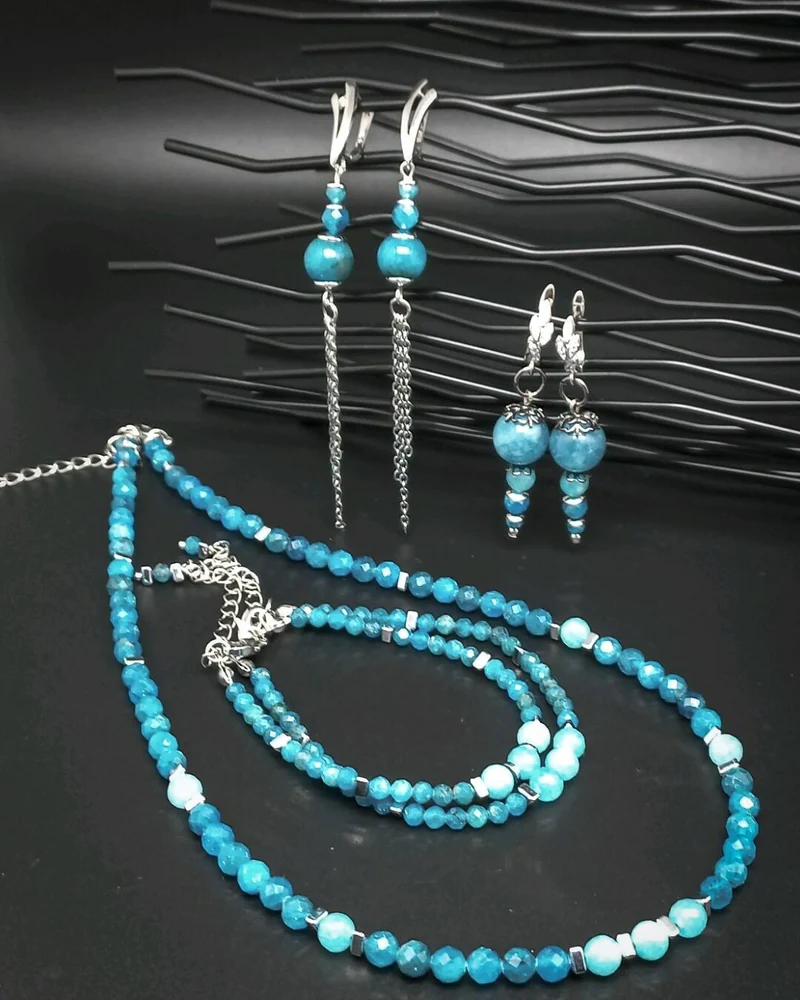Серьги браслет колье Марина из апатита и амазонита комплект