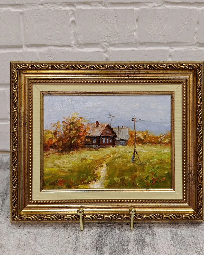 Деревенский осенний пейзаж с домикам Картина в раме