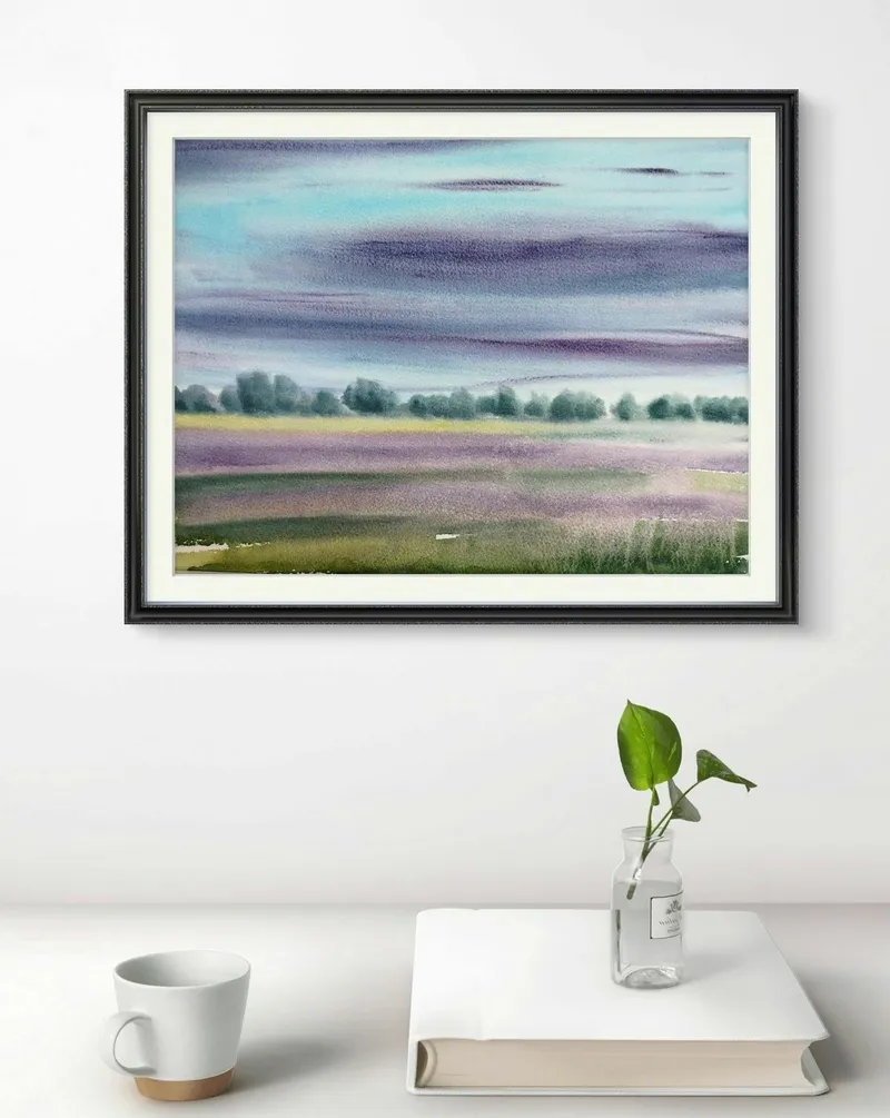 Лавандовые поля. Туман, акварель — 30×40 см