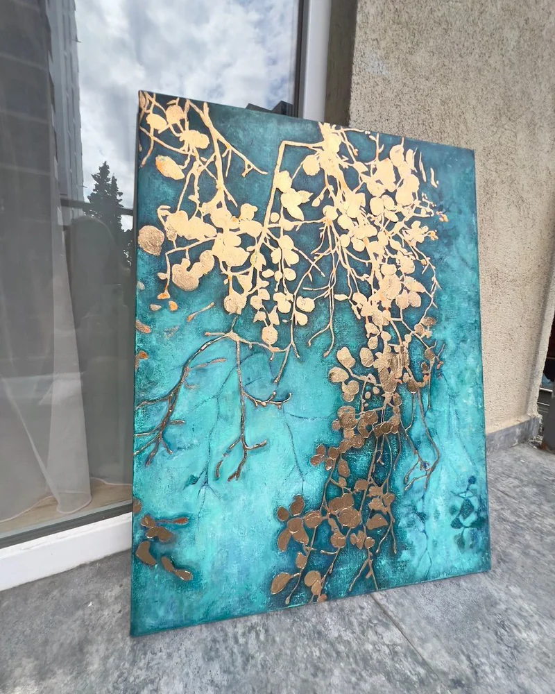 Картина «Ветка» с золочением, 60×80 см, бирюзовая