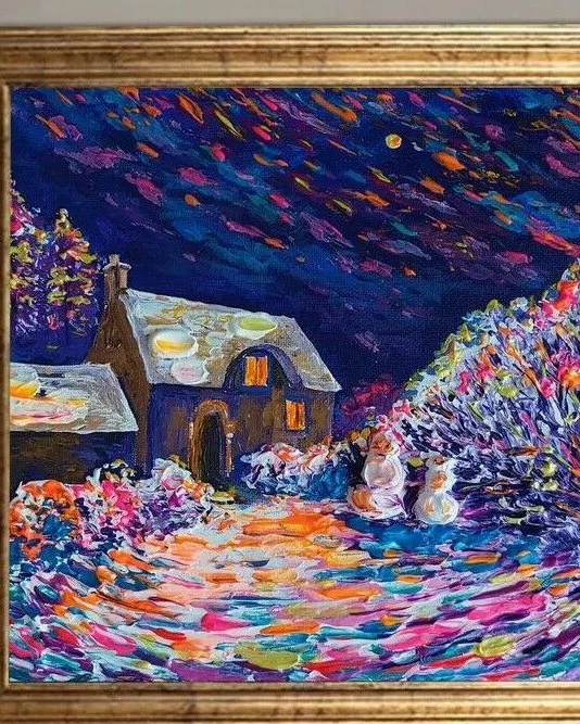 Новогодняя картина зима и снеговики Зимняя сказка