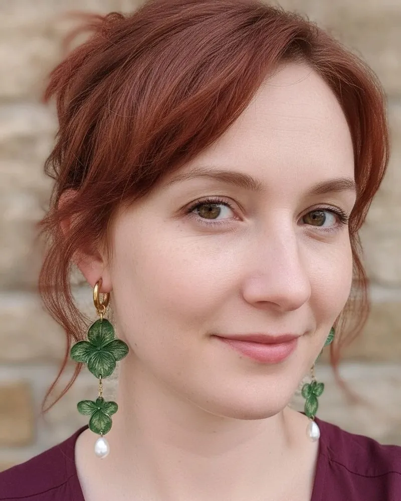 Серьги Счастливый клевер — Зелёная патина, жемчуг