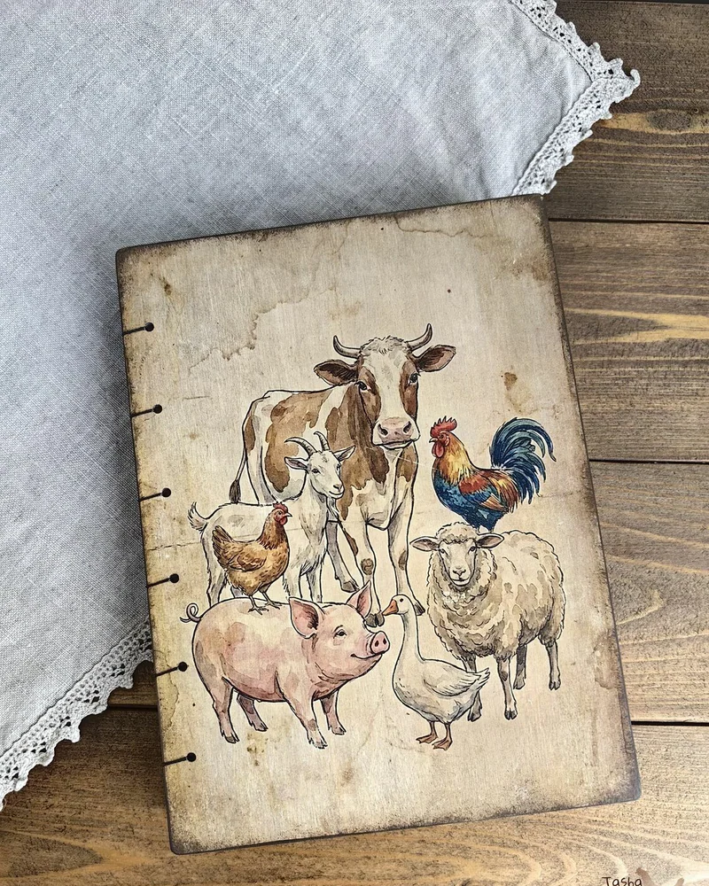 Деревянный блокнот А5 «Farm animals» с коптским переплётом — Farm animals