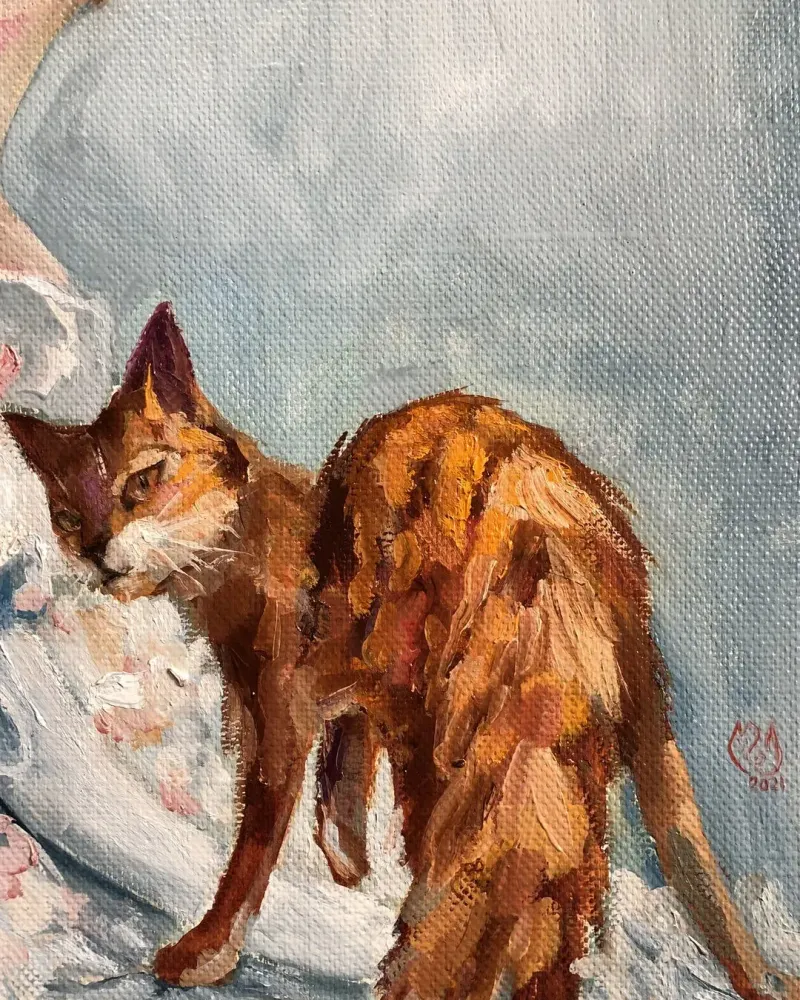Девушка и кошка. Картина маслом 30×40 см — 30×40 см