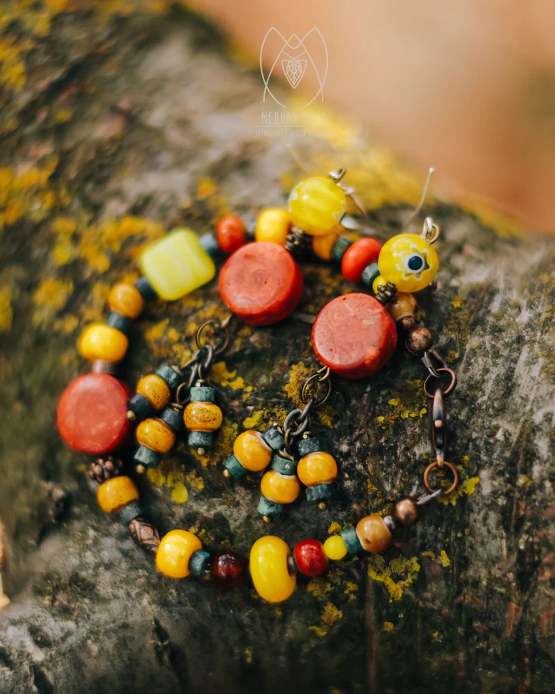 Серьги коралл, стекло, бирюза, керамика