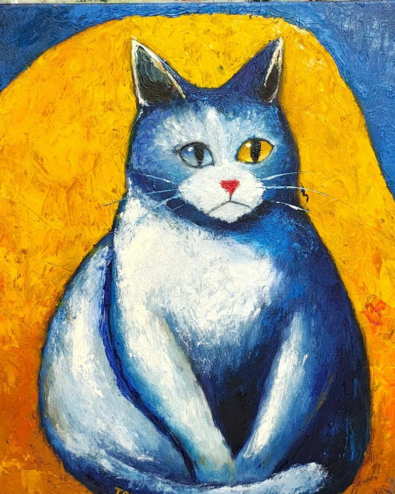 Синий кот 4 (гетерохромия), Масло, холст. 40×40 см