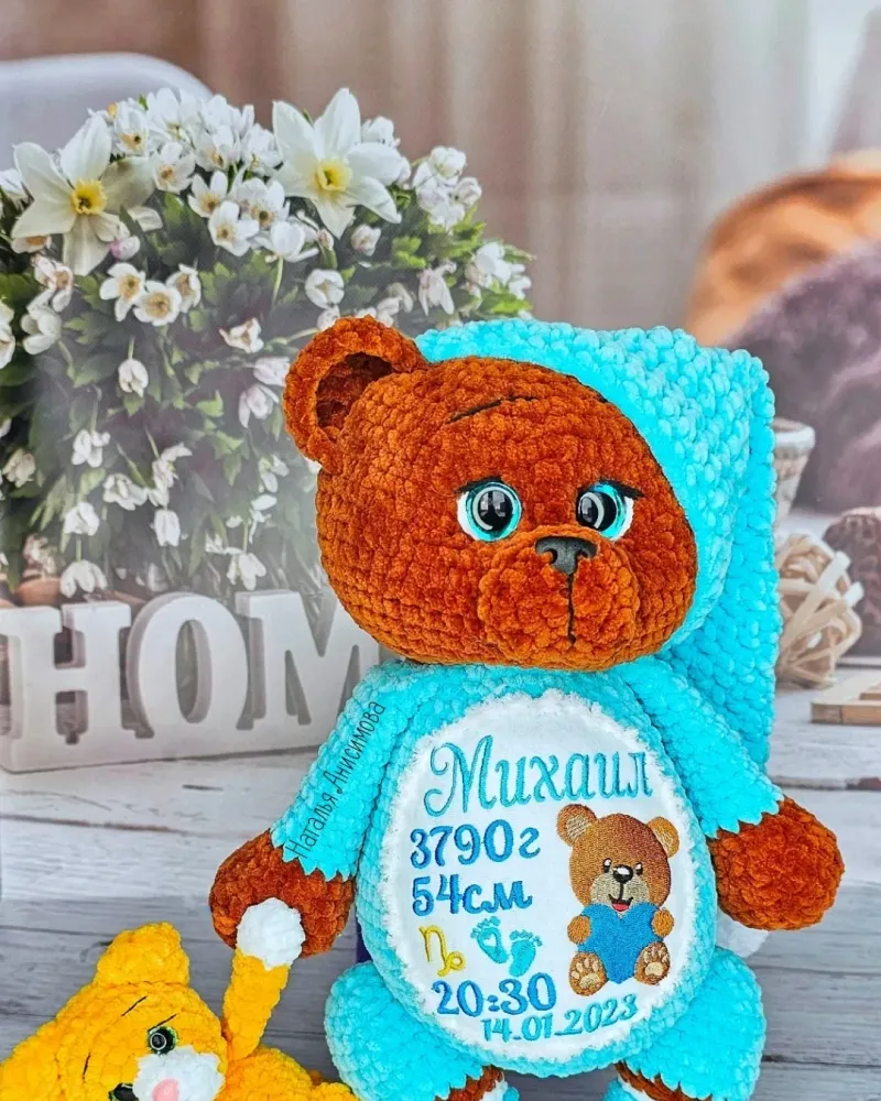 Мишка с метрикой и колпачком, 40 см — Рыжий