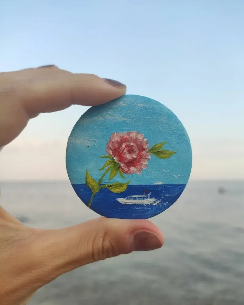 Брошь Цветок у Моря. Миниатюра на Холсте. Морской пейзаж — Брошь