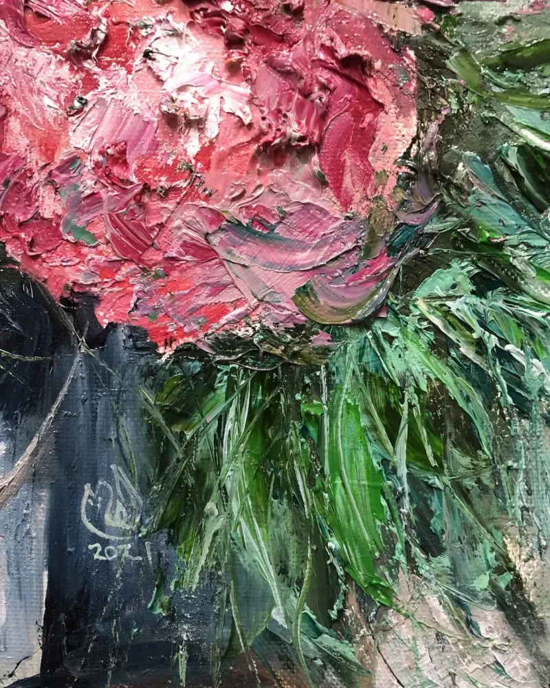 Букет пионов в вазе. Картина маслом 40×40 см — 40×40 см