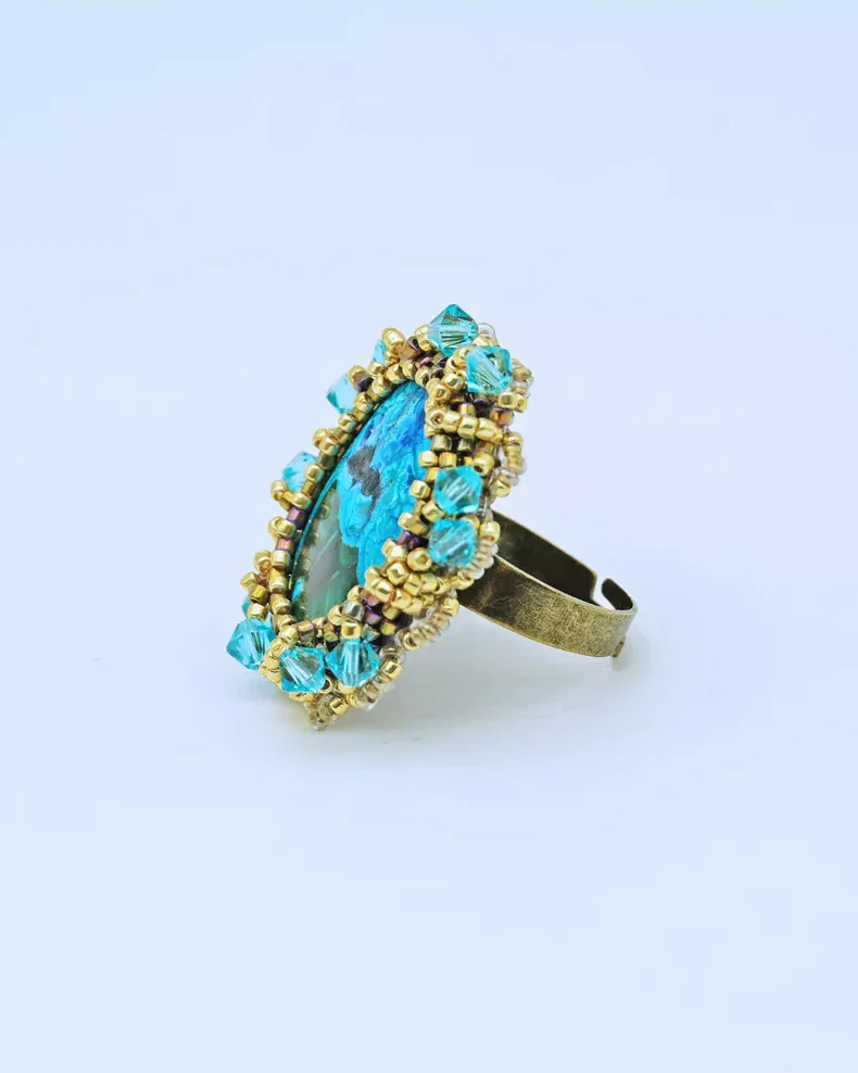 Авторское кольцо с хризоколлой и Swarovski