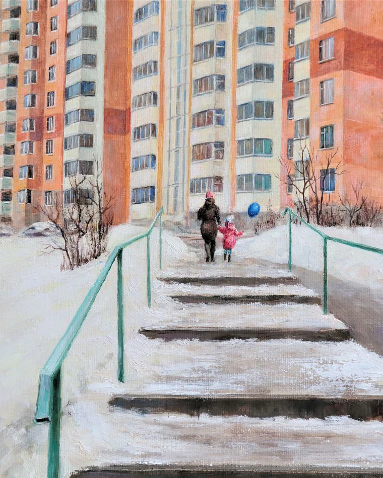 На районе. Лестница. Масло, холст