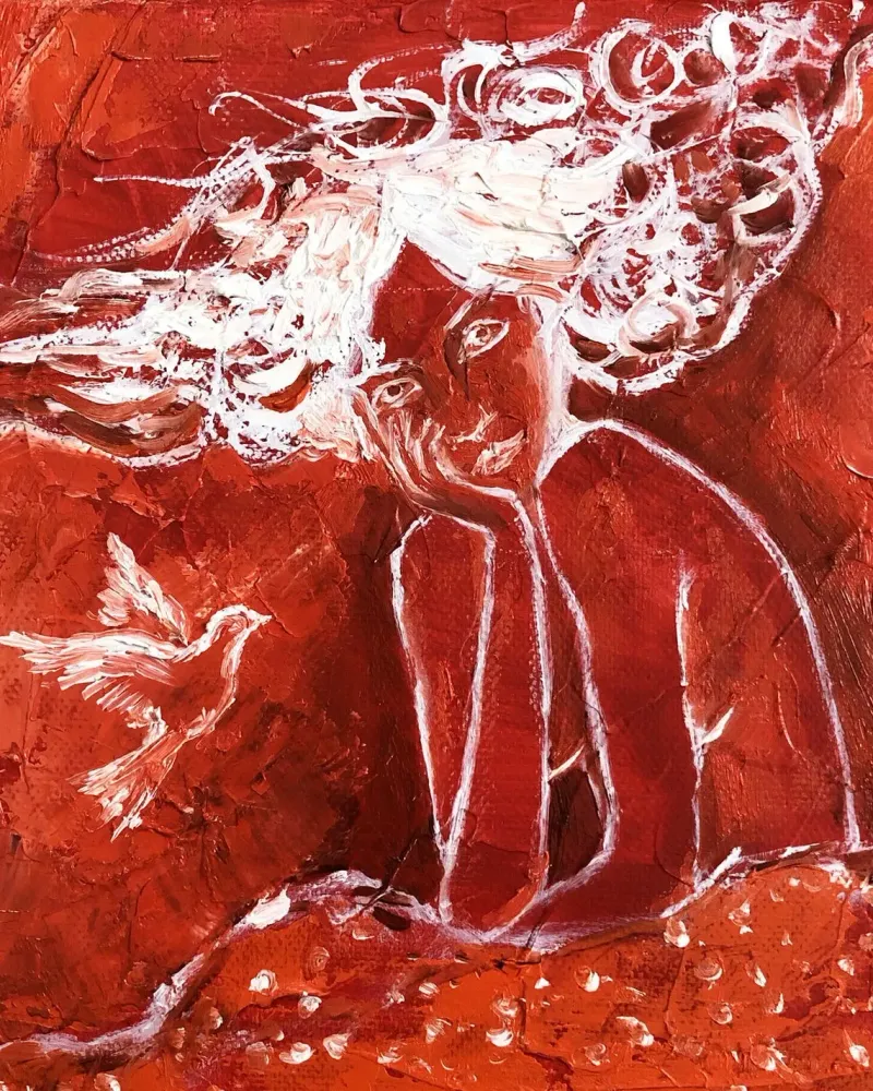 Девушка и птичка. Картина маслом 20×20 см — 20×20 см